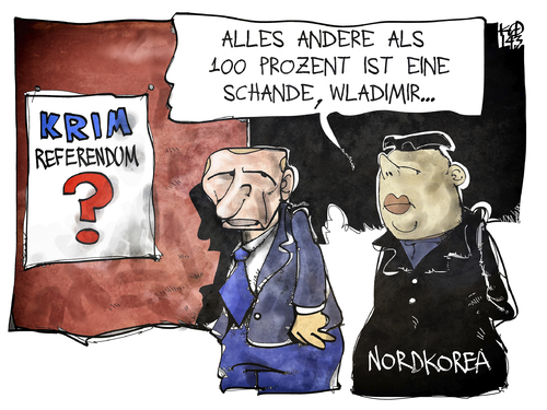 Cartoon: Krim-Referendum (medium) by Kostas Koufogiorgos tagged karikatur,cartoon,illustration,koufogiorgos,putin,kim,jong,un,nordkorea,russland,krim,ukraine,referendum,wahl,abstimmung,anschluss,politik,diktatur,konflikt,karikatur,cartoon,illustration,koufogiorgos,putin,kim,jong,un,nordkorea,russland,krim,ukraine,referendum,wahl,abstimmung,anschluss,politik,diktatur,konflikt