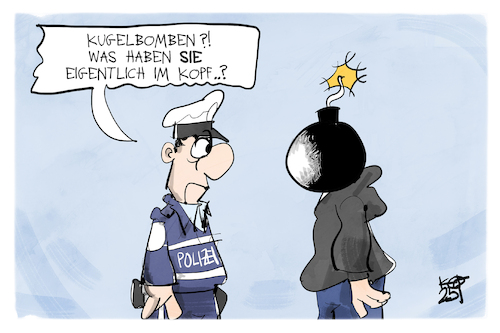 Cartoon: Kugelbomben (medium) by Kostas Koufogiorgos tagged karikatur,koufogiorgos,silvester,kugelbombe,feuerwerk,kopf,polizei,karikatur,koufogiorgos,silvester,kugelbombe,feuerwerk,kopf,polizei