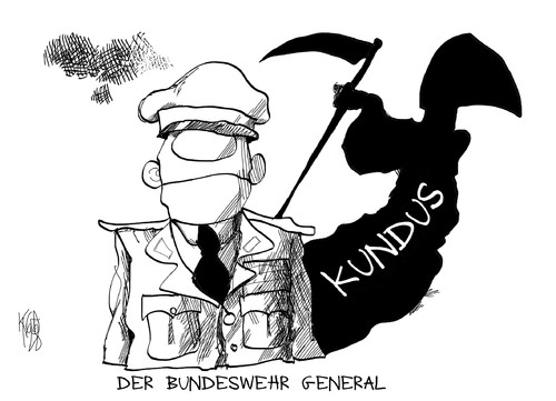 Cartoon: Kundus-Affäre (medium) by Kostas Koufogiorgos tagged klein,oberst,general,bundeswehr,kundus,affäre,afghanistan,krieg,angriff,bombardierung,sensenmann,karikatur,kostas,koufogiorgos