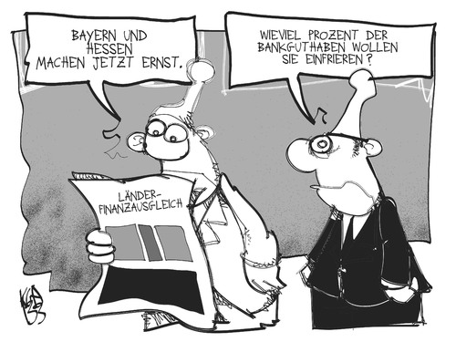 Cartoon: Länderfinanzausgleich (medium) by Kostas Koufogiorgos tagged länderfinanzausgleich,bayern,hessen,michel,geld,bank,konto,föderalismus,karikatur,kostas,koufogiorgos,länderfinanzausgleich,bayern,hessen,michel,geld,bank,konto,föderalismus,karikatur,kostas,koufogiorgos