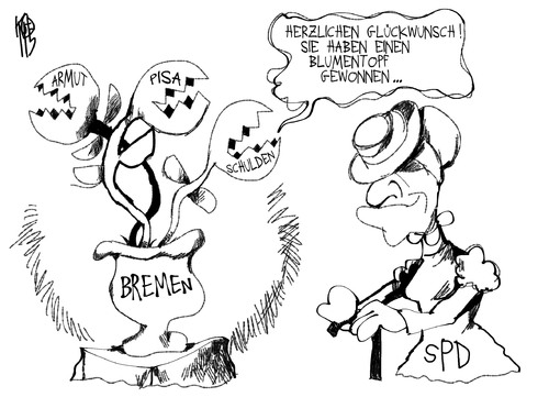 Cartoon: Landtagswahl Bremen (medium) by Kostas Koufogiorgos tagged bremen,landtagswahl,tante,arbeitslosigkeit,bildung,schulden,probleme,senat,pisa,armut
