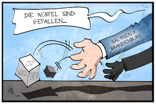 Cartoon: Landtagswahlen (medium) by Kostas Koufogiorgos tagged karikatur,koufogiorgos,illustration,cartoon,landtagswahlen,sachsen,brandenburg,wuerfel,spiel,partei,wahl,entscheidung,demokratie,politik,karikatur,koufogiorgos,illustration,cartoon,landtagswahlen,sachsen,brandenburg,wuerfel,spiel,partei,wahl,entscheidung,demokratie,politik