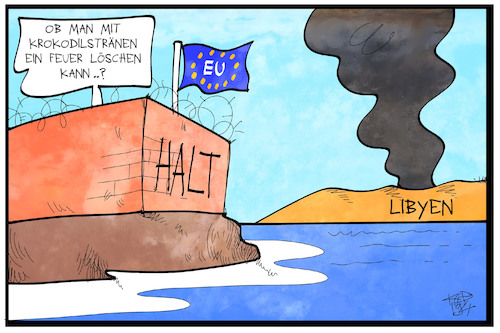 Cartoon: Libyen (medium) by Kostas Koufogiorgos tagged karikatur,koufogiorgos,illustration,cartoon,libyen,eu,europa,mauer,krokodilsträner,feuer,löschen,krieg,konflikt,karikatur,koufogiorgos,illustration,cartoon,libyen,eu,europa,mauer,krokodilsträner,feuer,löschen,krieg,konflikt