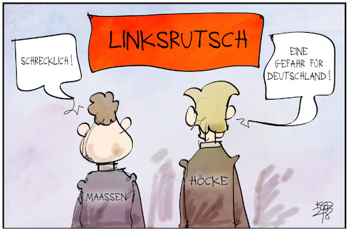 Cartoon: Linksrutsch (medium) by Kostas Koufogiorgos tagged karikatur,koufogiorgos,illustration,cartoon,linksrutsch,maaßen,höcke,rechtsextremismus,populismus,karikatur,koufogiorgos,illustration,cartoon,linksrutsch,maaßen,höcke,rechtsextremismus,populismus