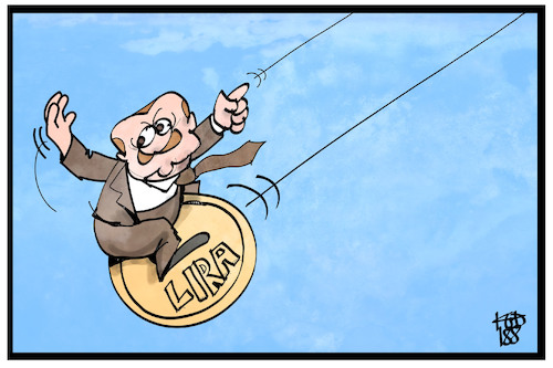 Cartoon: Lira-Absturz (medium) by Kostas Koufogiorgos tagged karikatur,koufogiorgos,illustration,cartoon,lira,erdogan,kugel,münchhausen,tuerkei,geld,währung,münze,wirtschaft,karikatur,koufogiorgos,illustration,cartoon,lira,erdogan,kugel,münchhausen,tuerkei,geld,währung,münze,wirtschaft