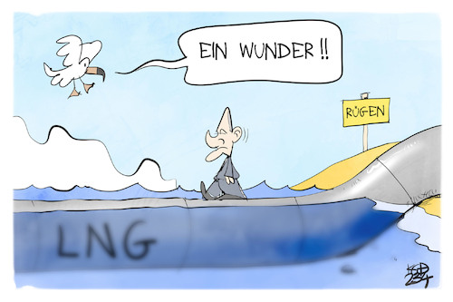 Cartoon: LNG-Terminals (medium) by Kostas Koufogiorgos tagged karikatur,koufogiorgos,lng,scholz,pipeline,rügen,möwe,wasser,wunder,karikatur,koufogiorgos,lng,scholz,pipeline,rügen,möwe,wasser,wunder