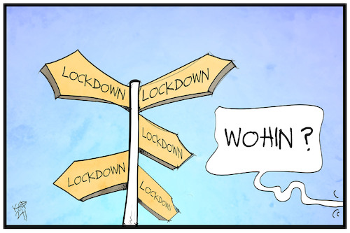 Cartoon: Lockdown (medium) by Kostas Koufogiorgos tagged karikatur,koufogiorgos,illustration,cartoon,wegweiser,lockdown,pandemie,ausweg,richtung,corona,karikatur,koufogiorgos,illustration,cartoon,wegweiser,lockdown,pandemie,ausweg,richtung,corona