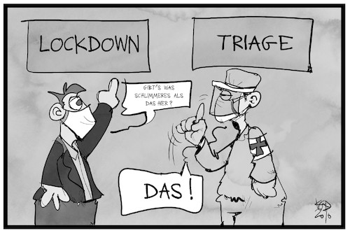 Cartoon: Lockdown und Triage (medium) by Kostas Koufogiorgos tagged karikatur,koufogiorgos,illustration,cartoon,lockdown,triage,arzt,mediziner,pandemie,auwahl,covid,alternative,karikatur,koufogiorgos,illustration,cartoon,lockdown,triage,arzt,mediziner,pandemie,auwahl,covid,alternative