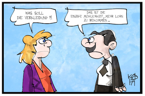 Cartoon: Lohngleichheit (medium) by Kostas Koufogiorgos tagged karikatur,koufogiorgos,illustration,cartoon,lohngleichheit,mann,frau,gleichberechtigung,verkleidung,gehalt,geschlecht,bezahlung,arbeit,gerechtigkeit,karikatur,koufogiorgos,illustration,cartoon,lohngleichheit,mann,frau,gleichberechtigung,verkleidung,gehalt,geschlecht,bezahlung,arbeit,gerechtigkeit