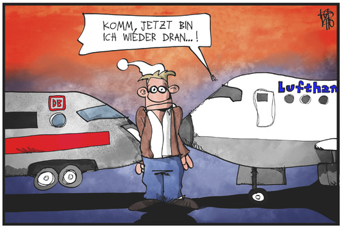 Cartoon: Lokführer- und Pilotenstreik (medium) by Kostas Koufogiorgos tagged karikatur,koufogiorgos,illustration,cartoon,bahn,db,lufthansa,lokführer,gdl,piloten,streik,arbeitskampf,michel,passagier,verkehr,politik,flugzeug,kunde,karikatur,koufogiorgos,illustration,cartoon,bahn,db,lufthansa,lokführer,gdl,piloten,streik,arbeitskampf,michel,passagier,verkehr,politik,flugzeug,kunde