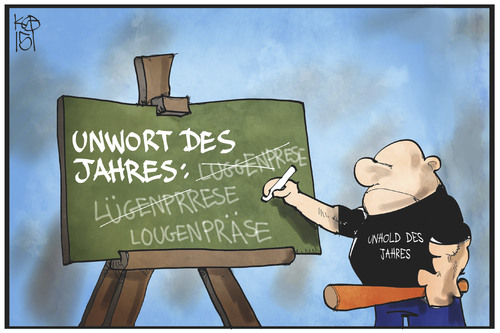 Cartoon: Lügenpresse (medium) by Kostas Koufogiorgos tagged karikatur,koufogiorgos,illustration,cartoon,lügenpresse,unwort,unhold,skinhead,gewalt,idiot,tafel,schule,bildung,rechtschreibung,karikatur,koufogiorgos,illustration,cartoon,lügenpresse,unwort,unhold,skinhead,gewalt,idiot,tafel,schule,bildung,rechtschreibung