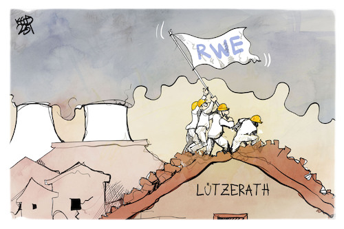 Cartoon: Lützerath (medium) by Kostas Koufogiorgos tagged karikatur,koufogiorgos,lützerath,rwe,eroberung,fahne,energiekonzern,kohle,karikatur,koufogiorgos,lützerath,rwe,eroberung,fahne,energiekonzern,kohle