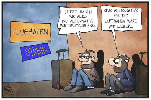 Cartoon: Lufthansa-Streik (medium) by Kostas Koufogiorgos tagged karikatur,koufogiorgos,illustration,cartoon,lufthansa,streik,alternative,piloten,deutschland,passagier,arbeitskampf,gewerkschaft,cockpit,politik,partei,karikatur,koufogiorgos,illustration,cartoon,lufthansa,streik,alternative,piloten,deutschland,passagier,arbeitskampf,gewerkschaft,cockpit,politik,partei