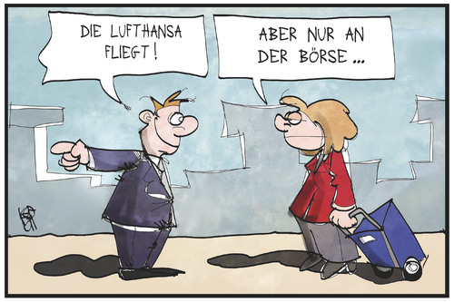 Cartoon: Lufthansa (medium) by Kostas Koufogiorgos tagged karikatur,koufogiorgos,illustration,cartoon,lufthansa,streik,flug,börse,höhenflug,aktie,fliegen,flughafen,reisende,passagier,karikatur,koufogiorgos,illustration,cartoon,lufthansa,streik,flug,börse,höhenflug,aktie,fliegen,flughafen,reisende,passagier