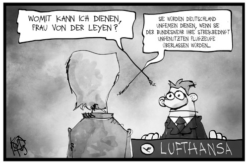 Cartoon: Lufthansa und Bundeswehr (medium) by Kostas Koufogiorgos tagged leyen,der,von,flugzeug,lufthansa,cartoon,illustration,koufogiorgos,arbeitskampf,politik,bundeswehr,leihen,streik,verteidigungsministerin,karikatur,karikatur,koufogiorgos,illustration,cartoon,lufthansa,flugzeug,von,der,leyen,verteidigungsministerin,streik,leihen,bundeswehr,politik,arbeitskampf