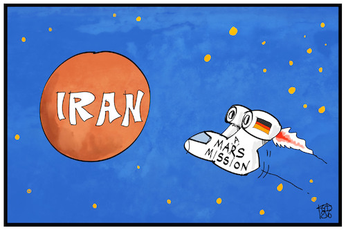 Cartoon: Maas-Mission (medium) by Kostas Koufogiorgos tagged karikatur,koufogiorgos,illustration,cartoon,maas,mars,iran,mission,aussenminister,weltall,rakete,politik,atomabkommen,karikatur,koufogiorgos,illustration,cartoon,maas,mars,iran,mission,aussenminister,weltall,rakete,politik,atomabkommen