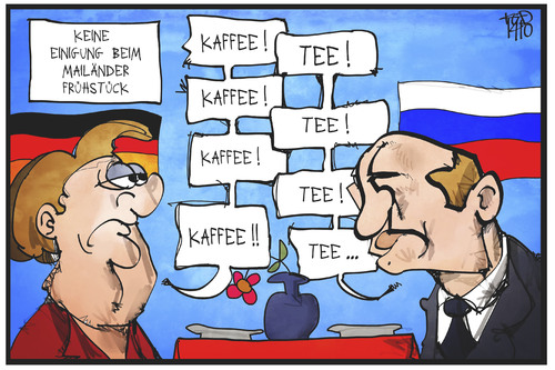 Cartoon: Mailänder Frühstück (medium) by Kostas Koufogiorgos tagged karikatur,koufogiorgos,illustration,cartoon,merkel,putin,kaffee,tee,streit,frühstück,mailand,russland,deutschland,politik,karikatur,koufogiorgos,illustration,cartoon,merkel,putin,kaffee,tee,streit,frühstück,mailand,russland,deutschland,politik