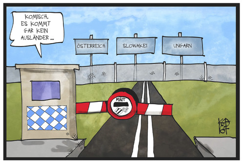 Cartoon: Maut für Ausländer (medium) by Kostas Koufogiorgos tagged karikatur,koufogiorgos,illustration,cartoon,auslaender,bayern,csu,maut,strasse,verkehr,ausland,grenze,schranke,geld,oesterreich,slowakei,ungarn,karikatur,koufogiorgos,illustration,cartoon,auslaender,bayern,csu,maut,strasse,verkehr,ausland,grenze,schranke,geld,oesterreich,slowakei,ungarn