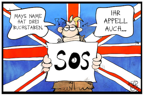 Cartoon: Mays S.O.S. (medium) by Kostas Koufogiorgos tagged karikatur,koufogiorgos,illustration,cartoon,theresa,may,sos,brexit,eu,europa,karikatur,koufogiorgos,illustration,cartoon,theresa,may,sos,brexit,eu,europa