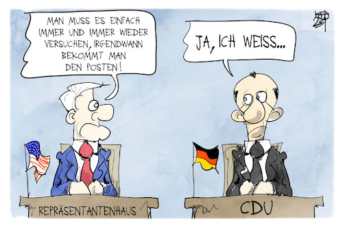 Cartoon: McCarthy und Merz (medium) by Kostas Koufogiorgos tagged karikatur,koufogiorgos,mccarthy,us,speaker,repräsentantenhaus,merz,cdu,karikatur,koufogiorgos,mccarthy,us,speaker,repräsentantenhaus,merz,cdu