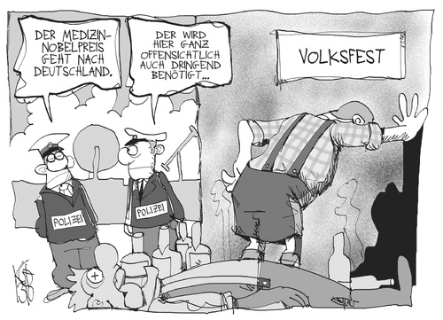 Cartoon: Medizin-Nobelpreis (medium) by Kostas Koufogiorgos tagged medizin,nobelpreis,oktoberfest,wasen,wiesn,volksfest,bier,komasaufen,karikatur,koufogiorgos,medizin,nobelpreis,oktoberfest,wasen,wiesn,volksfest,bier,komasaufen,karikatur,koufogiorgos