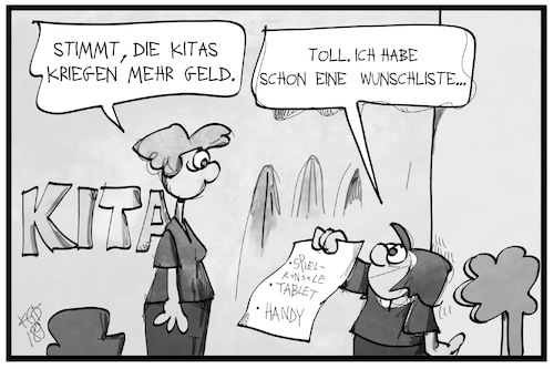 Cartoon: Mehr Geld für Kitas (medium) by Kostas Koufogiorgos tagged karikatur,koufogiorgos,illustration,cartoon,kita,gesetz,geld,wünsche,kind,eltern,konsum,förderung,bildung,mutter,erziehung,karikatur,koufogiorgos,illustration,cartoon,kita,gesetz,geld,wünsche,kind,eltern,konsum,förderung,bildung,mutter,erziehung