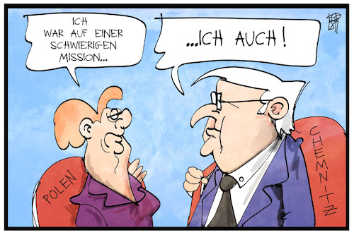 Cartoon: Merkel und Steinmeier (medium) by Kostas Koufogiorgos tagged karikatur,koufogiorgos,illustration,cartoon,steinmeier,merkel,mission,polen,chemnitz,reise,karikatur,koufogiorgos,illustration,cartoon,steinmeier,merkel,mission,polen,chemnitz,reise