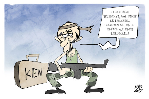 Cartoon: Merz reist nach Kiew (medium) by Kostas Koufogiorgos tagged karikatur,koufogiorgos,merz,kiew,ukraine,cdu,krieg,waffen,bierdeckel,rambo,karikatur,koufogiorgos,merz,kiew,ukraine,cdu,krieg,waffen,bierdeckel,rambo