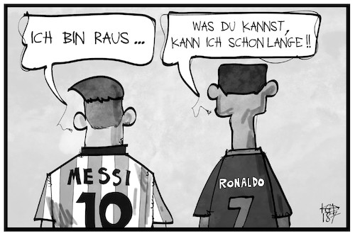 Cartoon: Messi und Ronaldo (medium) by Kostas Koufogiorgos tagged karikatur,koufogiorgos,illustration,cartoon,sport,fussball,wm,weltmeisterschaft,messi,ronaldo,portugal,argentinien,ausscheiden,raus,fussballspieler,rivalen,konkurrenten,karikatur,koufogiorgos,illustration,cartoon,sport,fussball,wm,weltmeisterschaft,messi,ronaldo,portugal,argentinien,ausscheiden,raus,fussballspieler,rivalen,konkurrenten