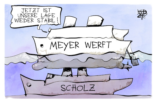 Cartoon: Meyer Werft (medium) by Kostas Koufogiorgos tagged karikatur,koufogiorgos,meyer,werft,scholz,kanzler,schiff,rettung,karikatur,koufogiorgos,meyer,werft,scholz,kanzler,schiff,rettung