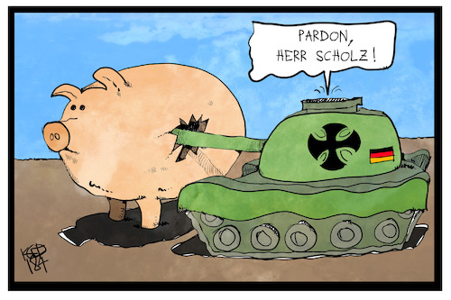 Cartoon: Militärausgaben (medium) by Kostas Koufogiorgos tagged karikatur,koufogiorgos,illustration,cartoon,bundeswehr,geld,sparschwein,haushalt,von,der,leyen,militär,panzer,karikatur,koufogiorgos,illustration,cartoon,bundeswehr,geld,sparschwein,haushalt,von,der,leyen,militär,panzer