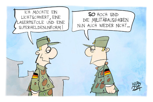 Cartoon: Militärausgaben (medium) by Kostas Koufogiorgos tagged karikatur,koufogiorgos,sipri,militärausgabe,armee,soldat,laserschwert,superheld,waffen,karikatur,koufogiorgos,sipri,militärausgabe,armee,soldat,laserschwert,superheld,waffen