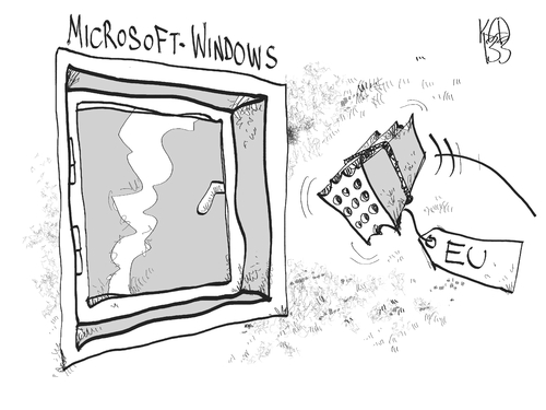 Cartoon: Microsoft (medium) by Kostas Koufogiorgos tagged bussgeld,strafe,kommission,europa,eu,windows,microsoft,stein,wirtschaft,software,gates,karikatur,kostas,koufogiorgosgiorgos,microsoft,browserstreit,eu,karikatur,koufogiorgos