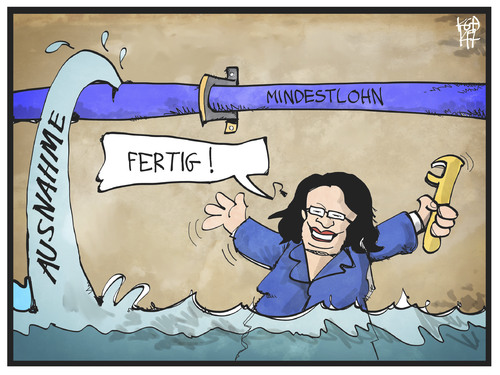 Cartoon: Mindestlohn (medium) by Kostas Koufogiorgos tagged karikatur,koufogiorgos,illustration,cartoon,nahles,mindestlohn,arbeit,arbeitsministerin,rohr,klemptnerin,wasser,undicht,ausnahme,politik,pfusch,karikatur,koufogiorgos,illustration,cartoon,nahles,mindestlohn,arbeit,arbeitsministerin,rohr,klemptnerin,wasser,undicht,ausnahme,politik,pfusch