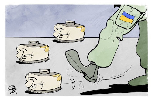 Cartoon: Minenräumung (medium) by Kostas Koufogiorgos tagged karikatur,koufogiorgos,ukraine,putin,minenräumung,krieg,karikatur,koufogiorgos,ukraine,putin,minenräumung,krieg