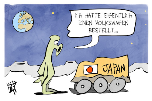 Cartoon: Mondlandung (medium) by Kostas Koufogiorgos tagged karikatur,koufogiorgos,japan,mond,raumfahrt,alien,mondmann,volkswagen,karikatur,koufogiorgos,japan,mond,raumfahrt,alien,mondmann,volkswagen