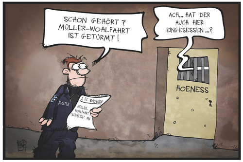 Cartoon: Hoeness und Müller-Wohlfahrt (medium) by Kostas Koufogiorgos tagged justiz,wärter,gefängnis,zelle,hoeness,sport,fussball,bayern,mannschaft,arzt,mull,wohlfahrt,müller,cartoon,illustration,koufogiorgos,karikatur,karikatur,koufogiorgos,illustration,cartoon,müller,wohlfahrt,mull,arzt,mannschaft,bayern,fussball,sport,hoeness,zelle,gefängnis,wärter,justiz