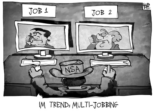 Cartoon: Multi-Spionage (medium) by Kostas Koufogiorgos tagged bundeskanzler,deutschland,usa,abhörskandal,agent,spionage,merkel,schröder,job,arbeit,multijobbing,nsa,illustration,cartoon,koufogiorgos,karikatur,karikatur,koufogiorgos,cartoon,illustration,nsa,multijobbing,arbeit,job,schröder,merkel,spionage,agent,abhörskandal,usa,deutschland,bundeskanzler