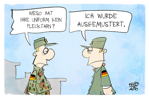 Cartoon: Musterung (medium) by Kostas Koufogiorgos tagged karikatur,koufogiorgos,musterung,ausgemustert,flecktarn,bundeswehr,soldat,karikatur,koufogiorgos,musterung,ausgemustert,flecktarn,bundeswehr,soldat