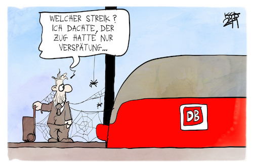 Cartoon: Nach dem Bahnstreik (medium) by Kostas Koufogiorgos tagged karikatur,koufogiorgos,bahnstreik,reisender,fahrgast,warten,verspätung,zug,karikatur,koufogiorgos,bahnstreik,reisender,fahrgast,warten,verspätung,zug