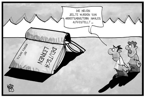 Cartoon: Nahles bildet (medium) by Kostas Koufogiorgos tagged karikatur,koufogiorgos,illustration,cartoon,nahles,arbeitsministerin,flüchtlinge,zelt,camp,deutsch,sprache,bildung,buch,integration,arbeitsmarkt,politik,karikatur,koufogiorgos,illustration,cartoon,nahles,arbeitsministerin,flüchtlinge,zelt,camp,deutsch,sprache,bildung,buch,integration,arbeitsmarkt,politik