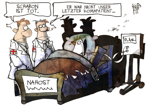 Cartoon: Nahost-Friedensprozess (medium) by Kostas Koufogiorgos tagged nahost,frieden,scharon,koma,israel,politik,karikatur,illustration,cartoon,koufogiorgos,nahost,frieden,scharon,koma,israel,politik,karikatur,illustration,cartoon,koufogiorgos