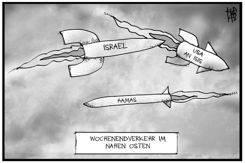 Cartoon: Nahost-Konflikt (medium) by Kostas Koufogiorgos tagged karikatur,kougiorgos,illustration,cartoon,nahost,konflikt,rakete,angriff,bombardierung,isis,iral,usa,hamas,israel,gaza,wochenende,verkehr,kieg,politik,karikatur,kougiorgos,illustration,cartoon,nahost,konflikt,rakete,angriff,bombardierung,isis,iral,usa,hamas,israel,gaza,wochenende,verkehr,kieg,politik