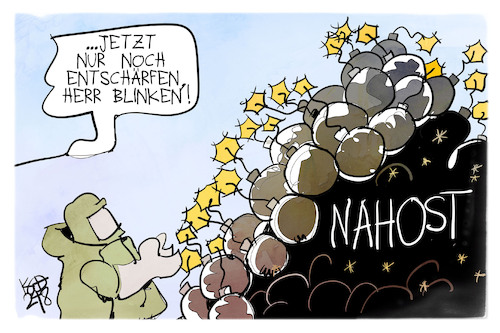 Cartoon: Nahost-Konflikt (medium) by Kostas Koufogiorgos tagged karikatur,koufogiorgos,blinken,nahost,krieg,bombe,entschärfung,karikatur,koufogiorgos,blinken,nahost,krieg,bombe,entschärfung