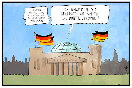 Cartoon: Nationalhymne (medium) by Kostas Koufogiorgos tagged karikatur,koufogiorgos,illustration,cartoon,nationalhymne,bundestag,reichstag,strophe,afd,geschichte,deutschlandlied,partei,politik,bundespräsidentenwahl,karikatur,koufogiorgos,illustration,cartoon,nationalhymne,bundestag,reichstag,strophe,afd,geschichte,deutschlandlied,partei,politik,bundespräsidentenwahl