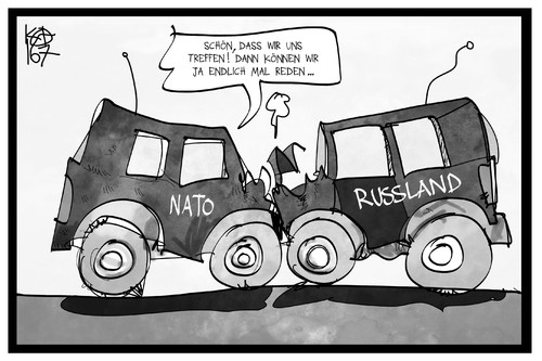 Cartoon: NATO-Gipfel (medium) by Kostas Koufogiorgos tagged karikatur,koufogiorgos,illustration,cartoon,nato,russland,gipfel,abschreckung,aufprall,dialog,gespraech,konflikt,verteidigung,buendnis,auto,crash,diplomatie,karikatur,koufogiorgos,illustration,cartoon,nato,russland,gipfel,abschreckung,aufprall,dialog,gespraech,konflikt,verteidigung,buendnis,auto,crash,diplomatie