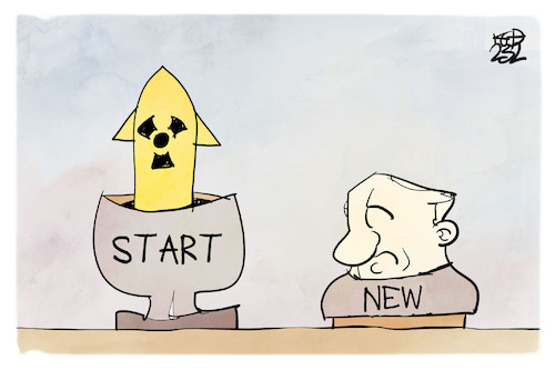 Cartoon: New Start (medium) by Kostas Koufogiorgos tagged karikatur,koufogiorgos,new,start,atom,vertrag,putin,matroschka,puppe,rakete,karikatur,koufogiorgos,new,start,atom,vertrag,putin,matroschka,puppe,rakete