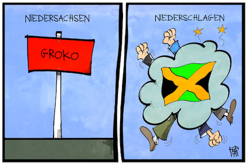 Cartoon: Niedersachsen und Jamaika (medium) by Kostas Koufogiorgos tagged karikatur,koufogiorgos,illustration,cartoon,niedersachsen,niederschlagen,groko,jamaika,politik,koalition,streit,sondierung,parteien,bündnis,karikatur,koufogiorgos,illustration,cartoon,niedersachsen,niederschlagen,groko,jamaika,politik,koalition,streit,sondierung,parteien,bündnis