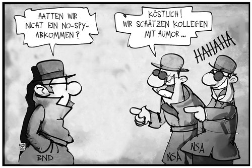 Cartoon: No-Spy-Abkommen (medium) by Kostas Koufogiorgos tagged karikatur,koufogiorgos,illustration,cartoon,no,spy,abkommen,bnd,nsa,agent,spion,spionage,witz,kollege,geheimdienst,nachrichtendienst,politik,karikatur,koufogiorgos,illustration,cartoon,no,spy,abkommen,bnd,nsa,agent,spion,spionage,witz,kollege,geheimdienst,nachrichtendienst,politik