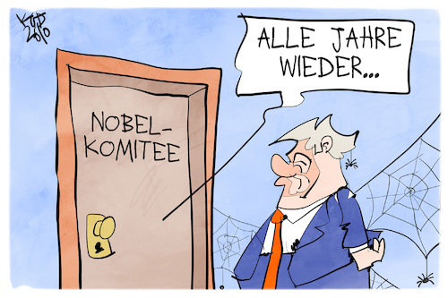 Cartoon: Nobelkomitee (medium) by Kostas Koufogiorgos tagged karikatur,koufogiorgos,nobelpreis,trump,warten,komitee,karikatur,koufogiorgos,nobelpreis,trump,warten,komitee